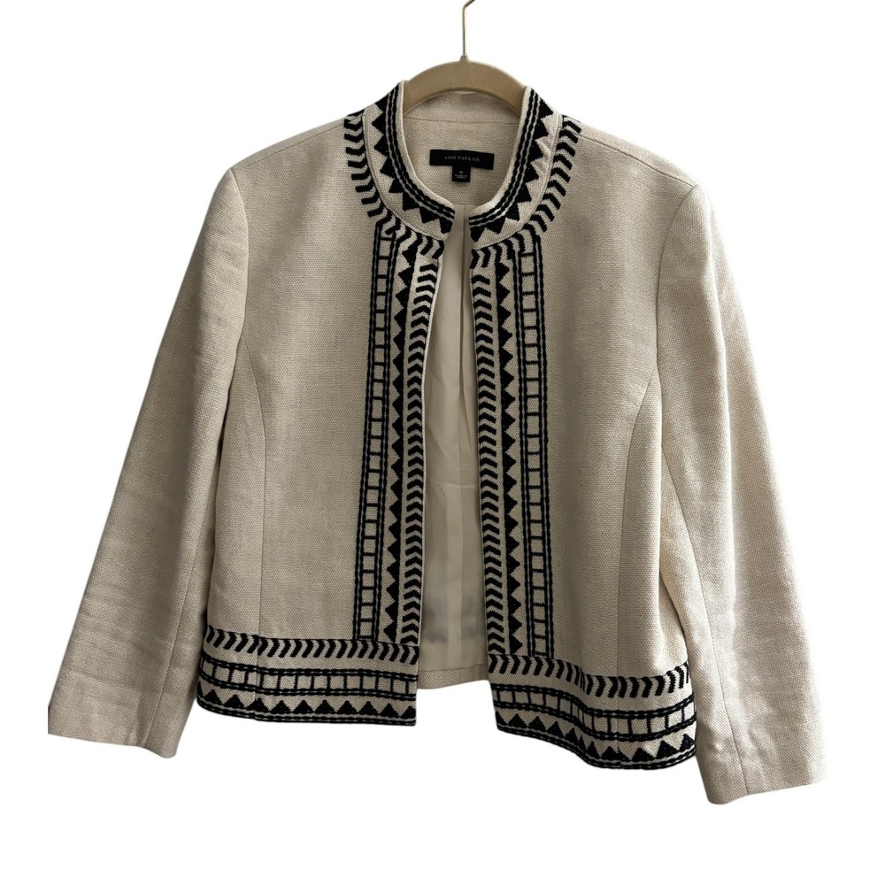 Ann Taylor Ivory Embroidered Cotton Linen Aztec Open Front Jacket Blazer Size 6